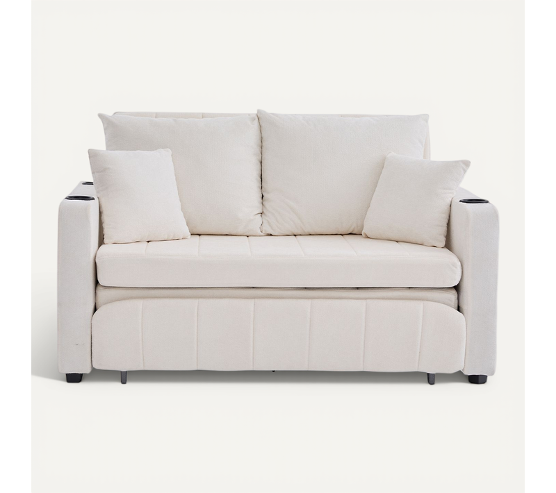 Canapé Lit 2 Places Beige,tissu Chenille,avec Sac De Rangement,usb,139x73x83cm