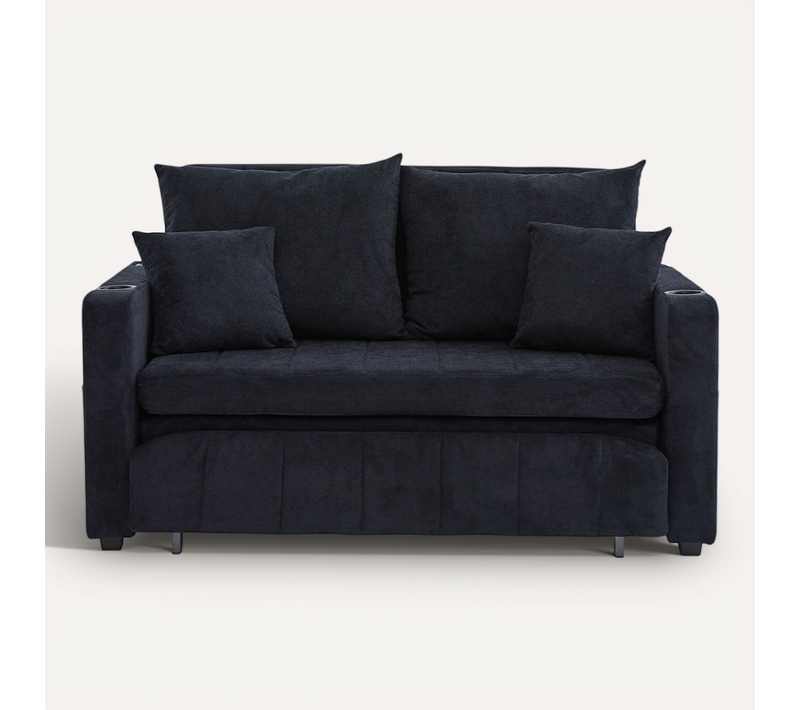 Canapé Lit 2 Places Noir,tissu Chenille,avec Sac De Rangement,usb,139x73x83cm