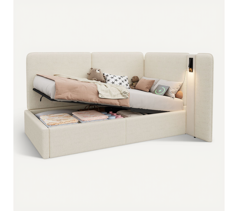 Lit Enfant Lit Simple 90x200cm USB-lampe Lecture Pivotante Relevage Hydraulique Rangement Bouclé