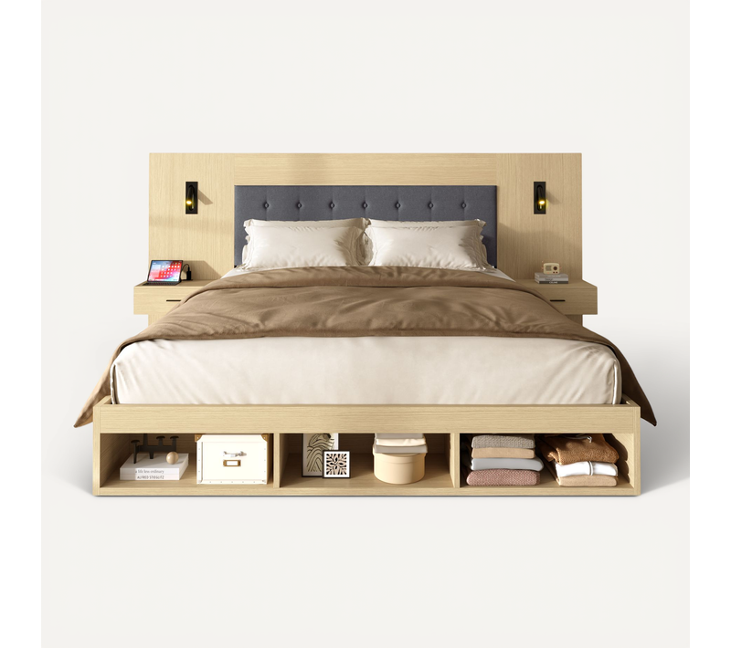 Lit Double En Bois 180x200cm USB-lampe Lecture Avec 2 Tables Chevet Et Sommier à Lattes Chêne Clair