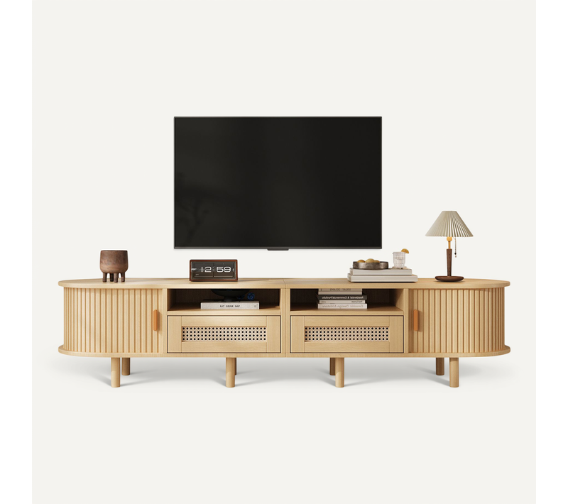 Meuble TV 170x40x40cm 2 Tiroirs 2 Portes Coulissantes Compartiments Rangement Pour 70"tv Bois Clair