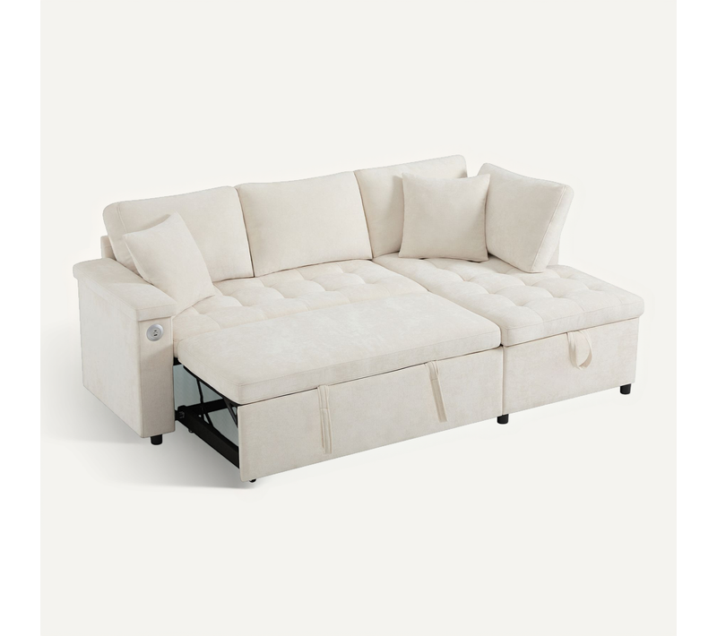 Canapé D'angle Convertible 3 Places,espace De Rangement,chargeur USB,beige