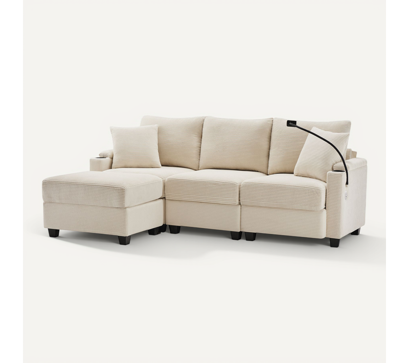 Canapé D'angle 3 Places Multifonctionnel Avec Repose-pieds,tissu Velours Côtelé,beige