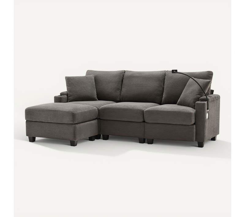 Canapé D'angle 3 Places Multifonctionnel Avec Repose-pieds,tissu Velours Côtelé,gris