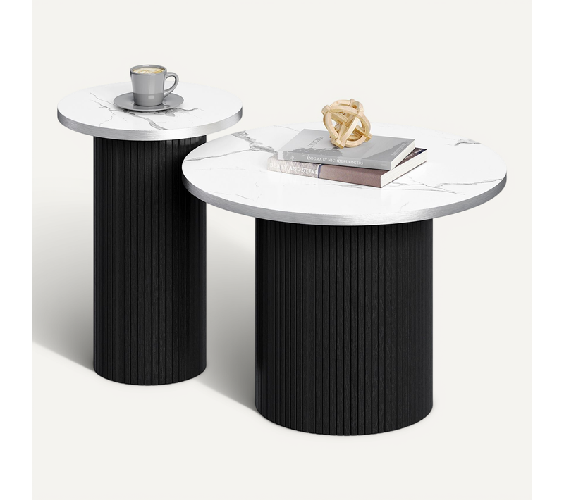 Table Basse Gigogne Lot De 2 Rond En Noir Table D’appoint Meubles Salon Plateau Marbre