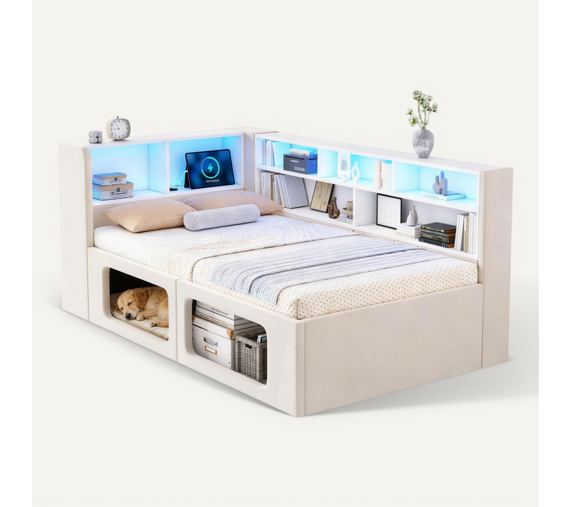Lit Simple Enfant LED-usb 90x200cm En Bois Avec Niche Pour Chat Et Chien Rangement Tête De Lit Beige