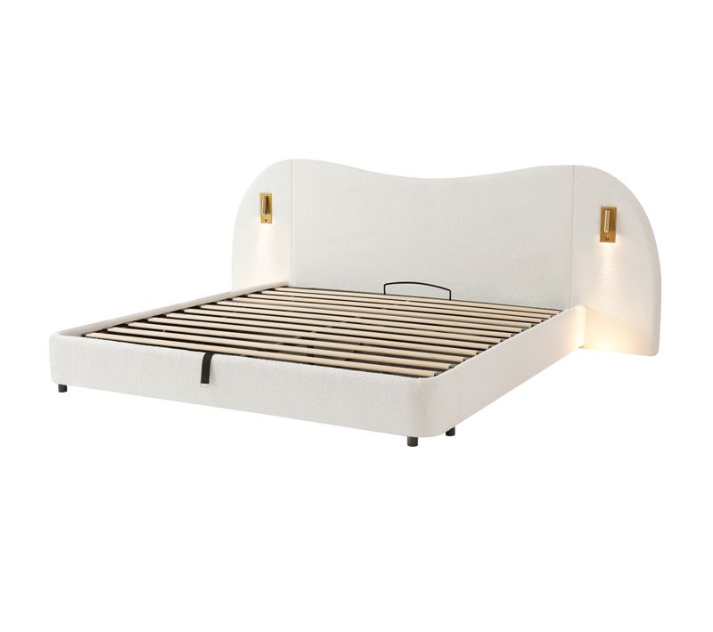 Lit Adulte 180x200cm Prise USB-lampe Lecture Grande Tête De Lit Relevage Hydraulique Velours Blanc
