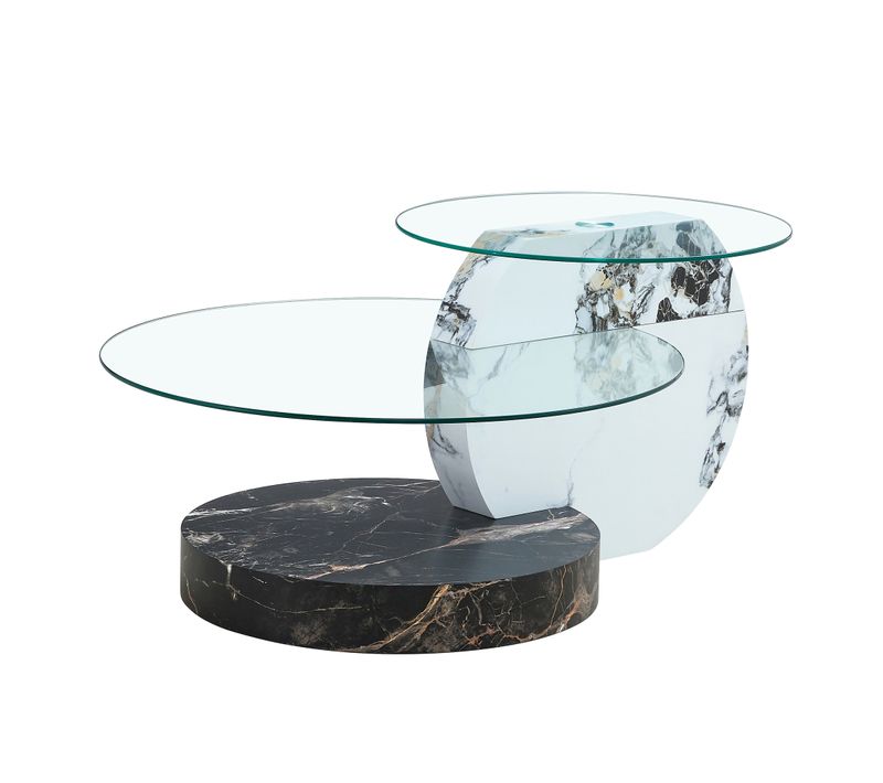 Table Basse Ronde Lot De 2 En Verre 70x50x44cm Pieds Croisés Placage Marbre Canapé Table Salon Noir