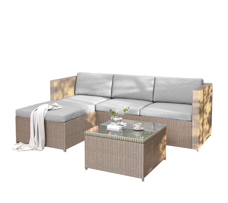 Canapé D'angle Jardin 3 Places 196x139x72cm Rotin 1 Banc Table Basse Verre Balcon Jardin Cour Kaki