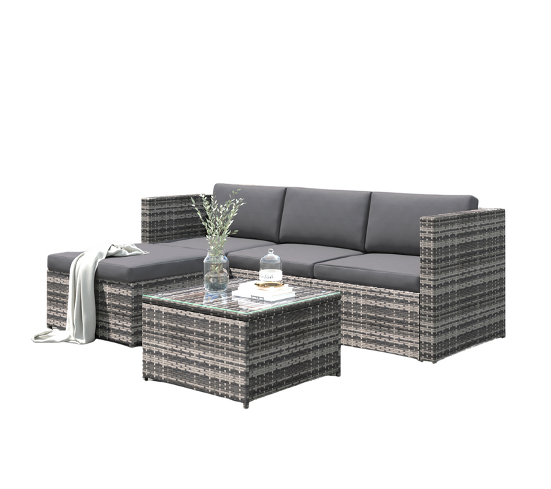 Canapé D'angle Jardin 3 Places Rotin 196x139x72cm 1 Banc Table Basse Verre Balcon Jardin Cour Gris