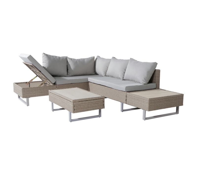 Canapé D'angle Jardin 5 Personnes En Rotin188x182x64cm Salon De Jardin Table Basse Coussins Kaki