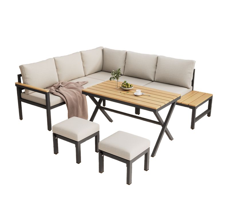 Salon De Canapé D'angle De Jardin 5 Places 207x182x69cm Ensemble Table Fauteuil 2 Banc Jardin Gris