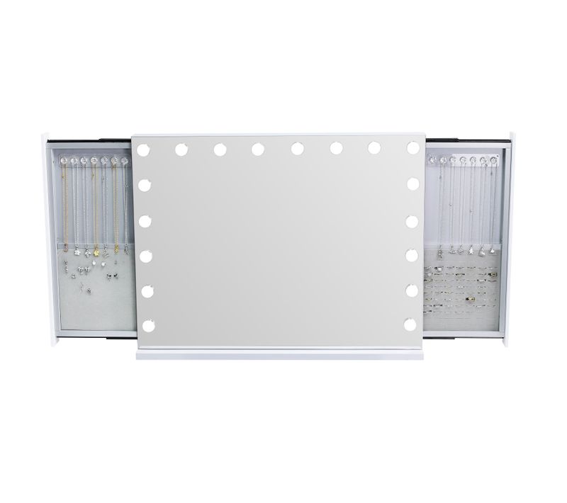 Miroir LED Maquillage Hollywood avec Bluetooth, Rangements et Lumière Pro - 80x60 cm
