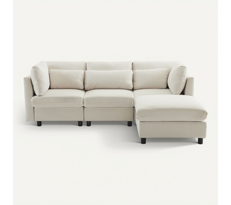Canapé 3 Places Tissu En Lin Et Coton Avec Coussins + Repose-pieds Mobile,beige