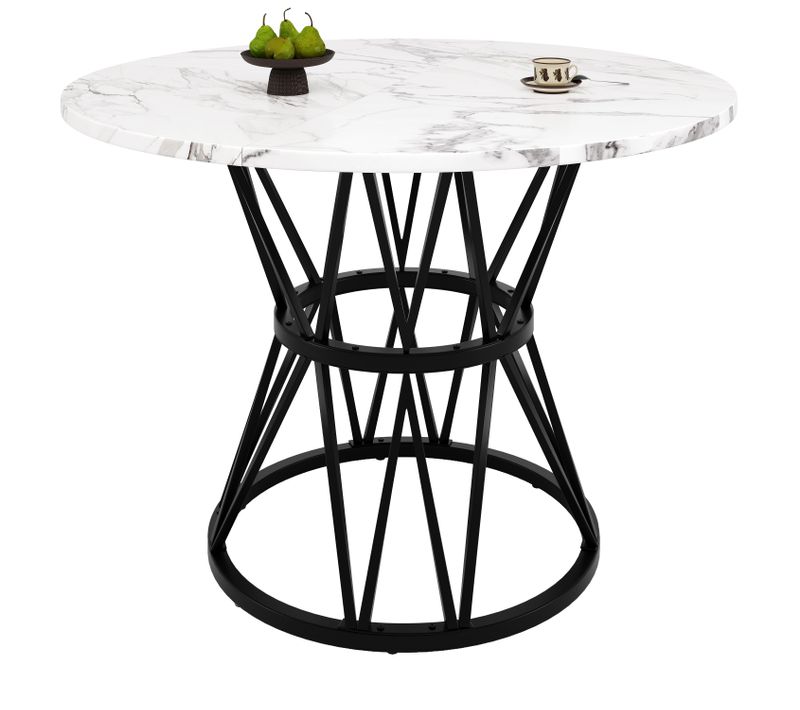 Table à Manger Ronde 4 Personnes 100 Cm Pieds Métal Plateau Marbre MDF - Noir