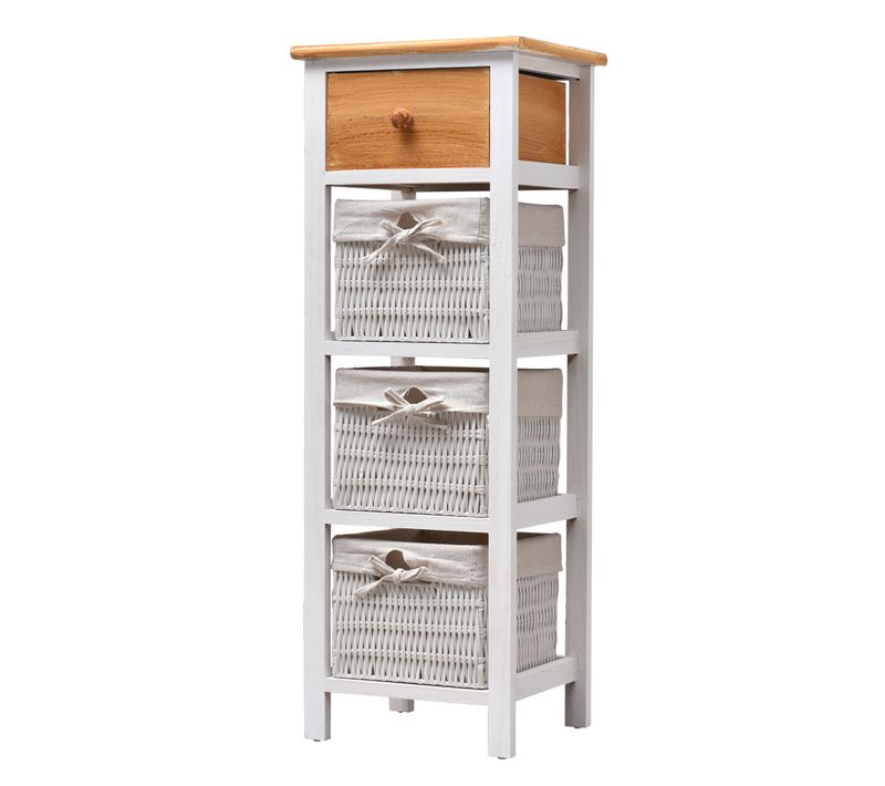 Chiffonnier 4 Tiroirs Bois Osier Blanc Beige 85x31x27