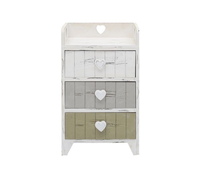 Table De Chevet 3 Tiroirs Bois Blanc Gris Cœur Shabby 58x35x27