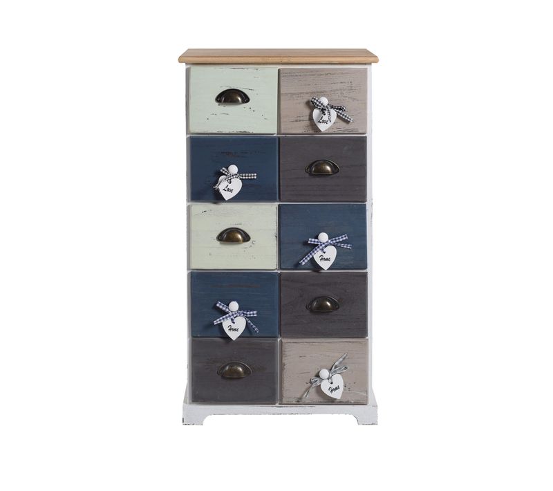 Commode Meuble 10 Tiroirs Bois Blue Gris Blanc Retro 88x48x30