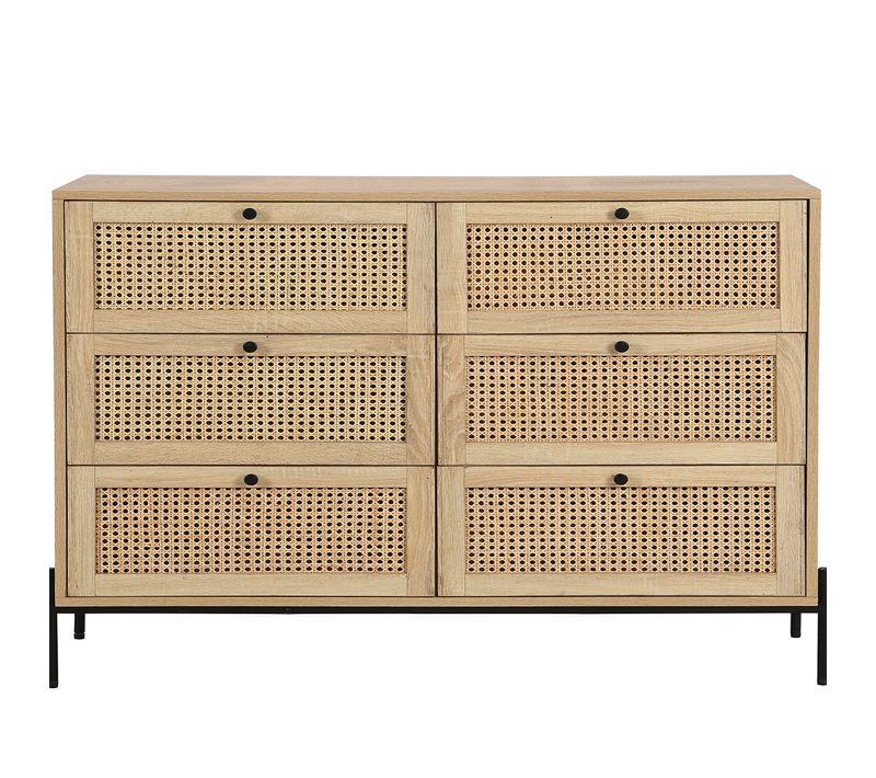 Commode 6 Tiroirs En Cannage Naturel Et Effet Chêne 120 Cm - Iris