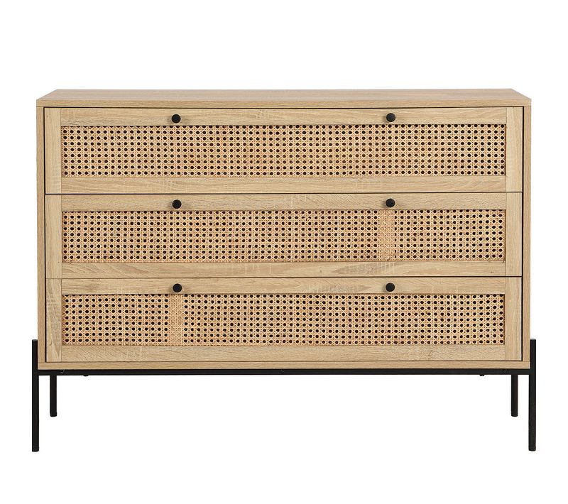 Commode 3 Tiroirs En Cannage Naturel Et Effet Chêne 105 Cm - Iris