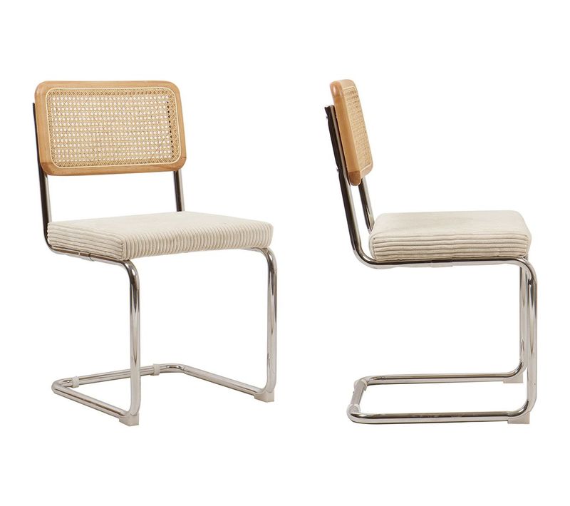 Lot De 2 Chaises En Cannage Velours Côtelé Beige Et Métal Chromé - Muse