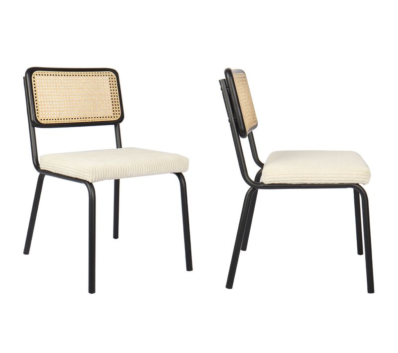 Lot De 2 Chaises En Métal Et Bois Noir, Cannage Naturel Et Velours Côtelé Beige - Paula