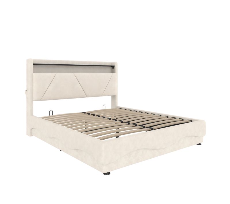 Lit Double 140×200cm Wave LED-usb Tête De Lit Rangement Relevage Hydraulique Velours Beige