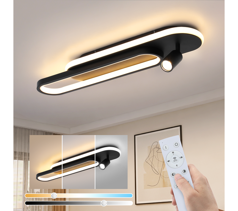 Plafonnier LED De Salon : 46w Noir Dimmable Avec 1 Spot De Plafond Et Télécommande