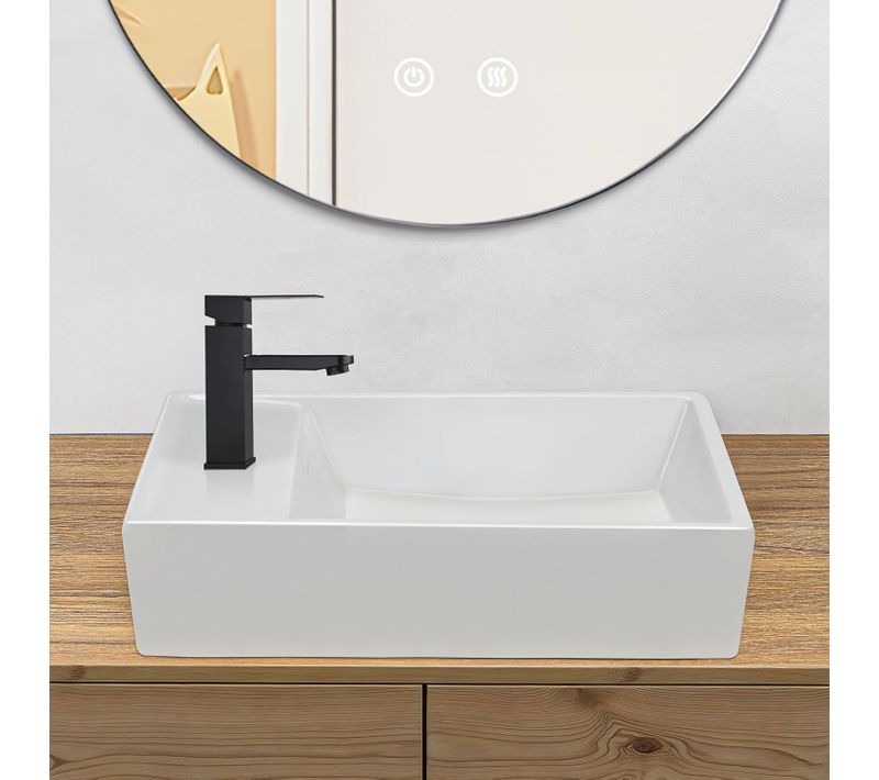 Lavabo Carré En Céramique à Poser, 40x22x10cm, Blanc, Avec Trou Pour Robinet.