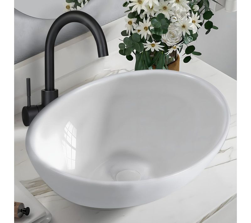 Lavabo Ovale Céramique à Poser, 41x33x14,5cm, Nano Effet Lotus, Blanc.