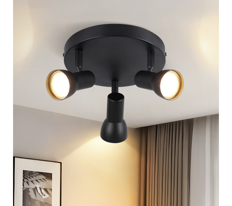 Spot De Plafond 3 Flammes Gu10 Plafonnier Noir Orientable à 350° Pour Salon Cuisine