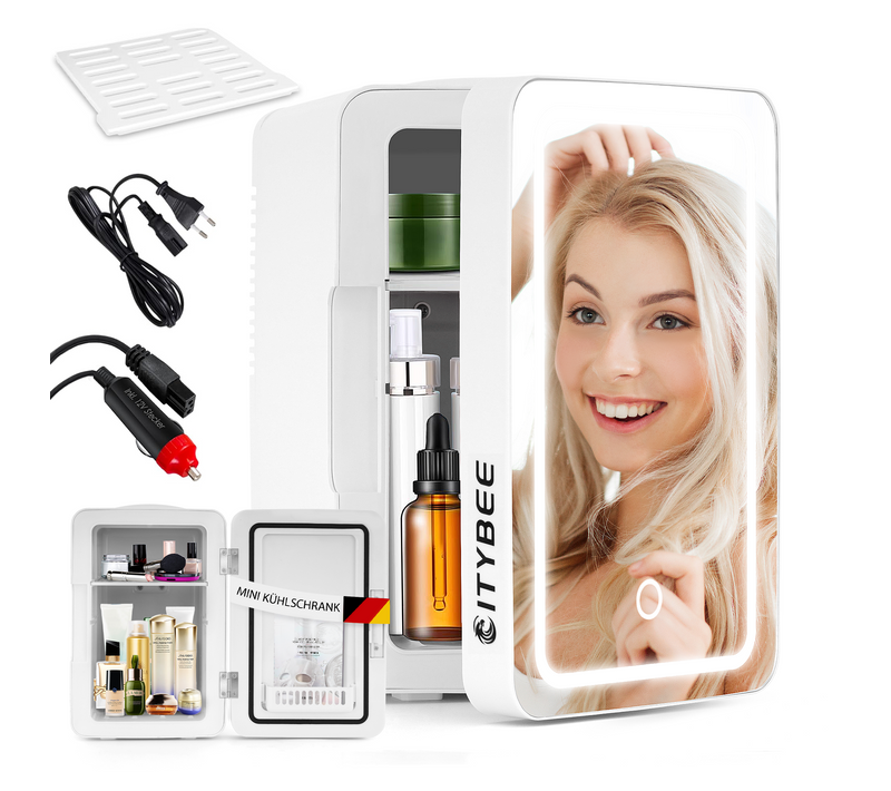 Mini Frigo 6l - Blanc Petit Réfrigérateur 12v/230v, Silencieux Avec Miroir Et Éclairage LED