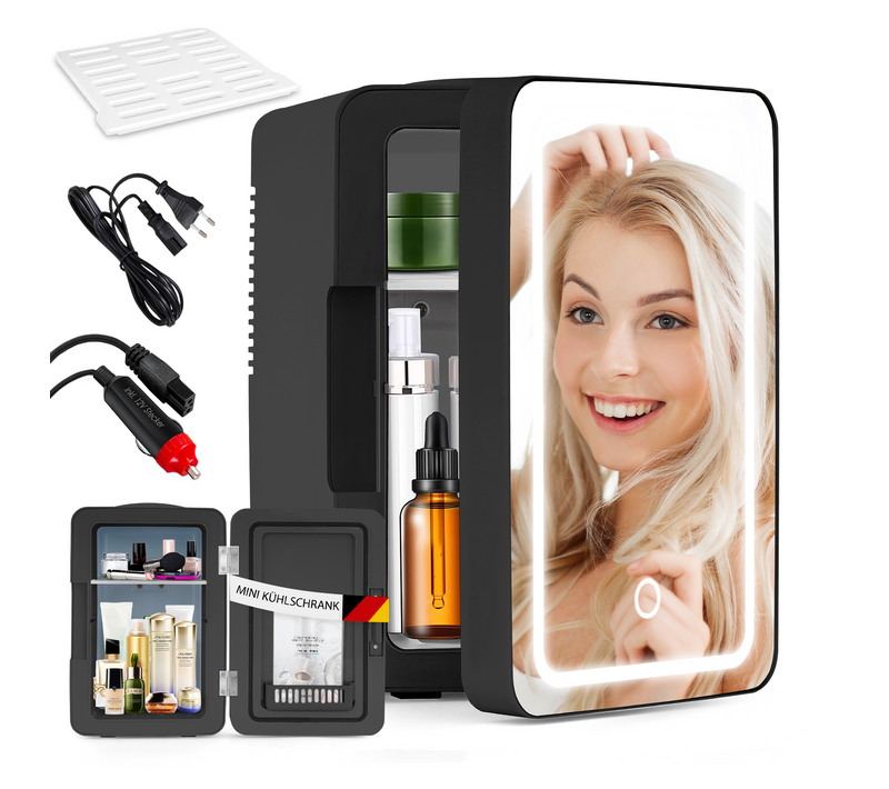Mini Frigo 6l - Noir Petit Réfrigérateur 12v/230v, Silencieux Avec Miroir Et Éclairage LED