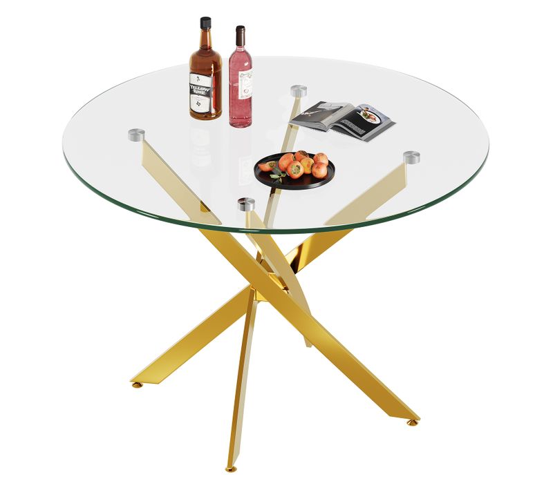 Table à Manger En Verre Ronde 4 Personnes 90×90×75cm Pieds Métal Salon Cuisine Salle à Manger Doré