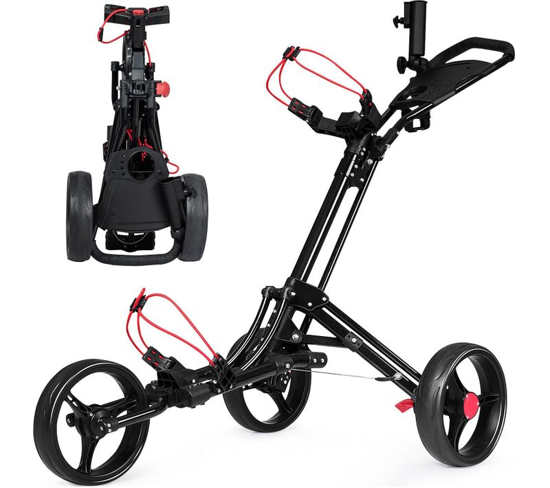 Chariot De Golf 3 Roues Pliable Noiravec Porte-parapluie En Aluminium Frein Au Pied