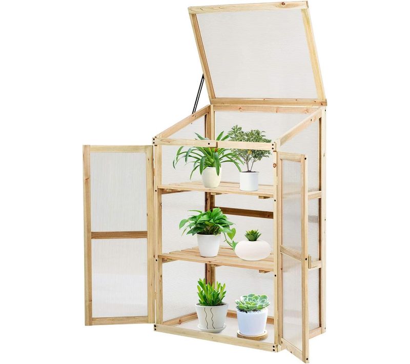 Mini Serre De Jardin 60x45x100cm Vitrages Transparents Avec Etagères à 3 Niveaux,Beige