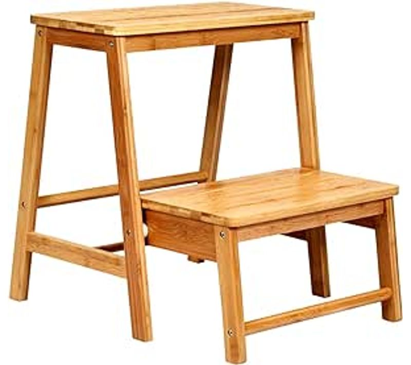 Tabouret D'echelle Pliante Marchepied Avec 2 Étages, En Bambou,jusqu’à 100kg