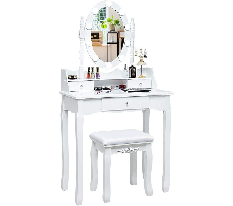 Coiffeuse Avec Eclairage, Miroir Ovale, Pivotant à 360°, Tabouret Rembourré Inclus (blanc)