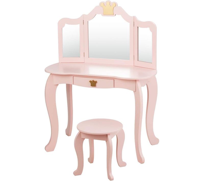 Coiffeuse Pour Enfants Avec Miroir À Trois Volets, Ensemble De Coiffeuse 2-en-1 Avec Dessus