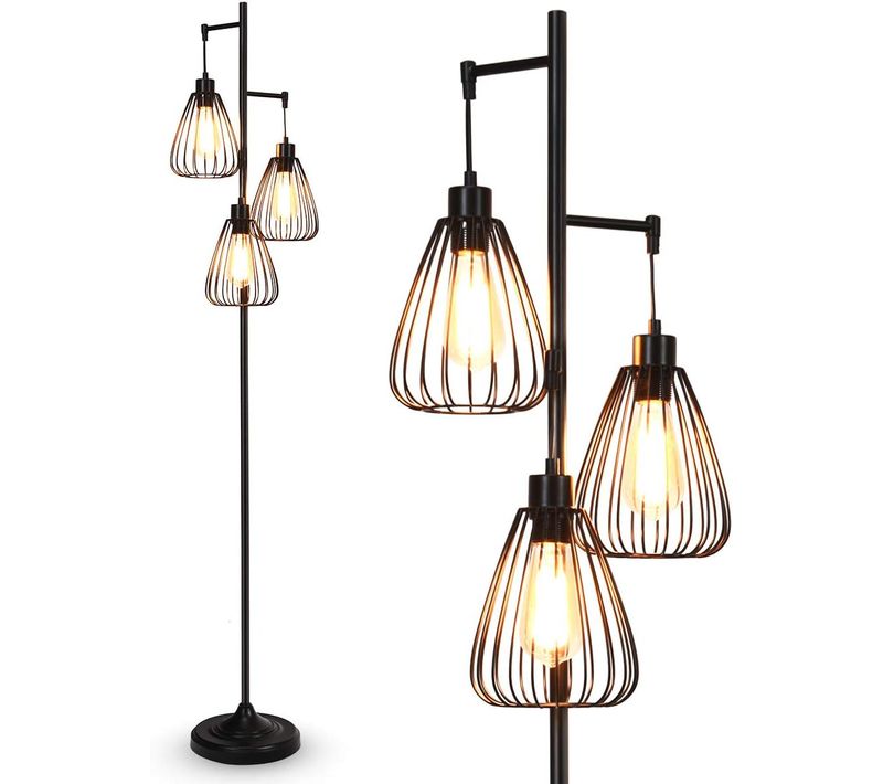 Lampadaire Sur Pieds Rétro Design 170x25cm Avec 3 Abat-jours En Métal,193cm Câble E27