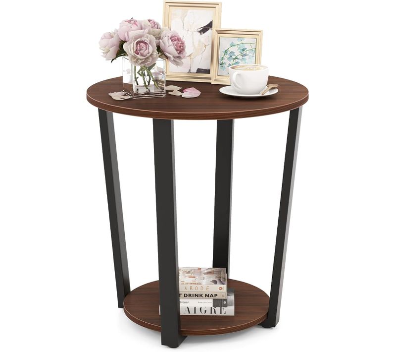 Table D'appoint Ronde, Bout De Canapé 2 Niveaux En Bois, Cadre En Métal, Petite Table Basse (noyer)