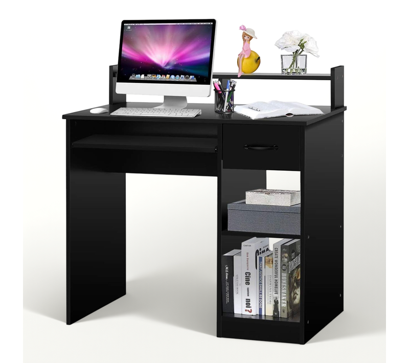 Bureau D'ordinateur, Bureau D'ecriture Avec Tiroir De Rangement Et 2 Etagères, Noir