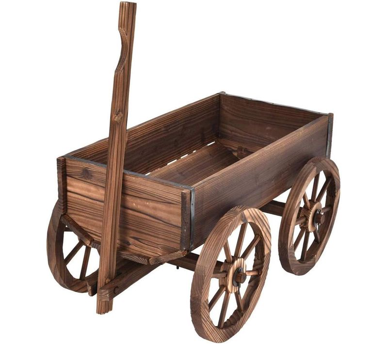 Chariot De Jardin En Bois Jardinière à Roues, Avec Poignée Réglable Et Trou De Drainage