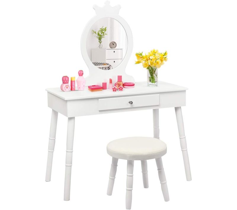 Coiffeuse Avec Tabouret Pour Enfants, Style Princesse Européenne Avec Tiroir Et Miroir Blanc