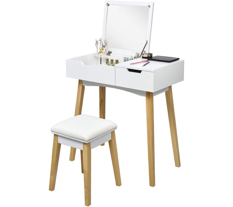 Coiffeuse, Table De Maquillage Avec 1 Miroir Carré Rabattable,1 Tabouret Capitonné,1 Tiroir