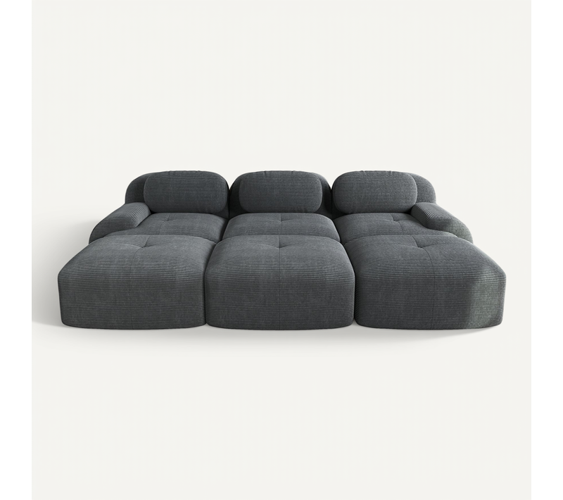 Canapé Modulaire 3 Places En Tissu Velours Côtelé Gris + 3 Repose-pieds Amovibles