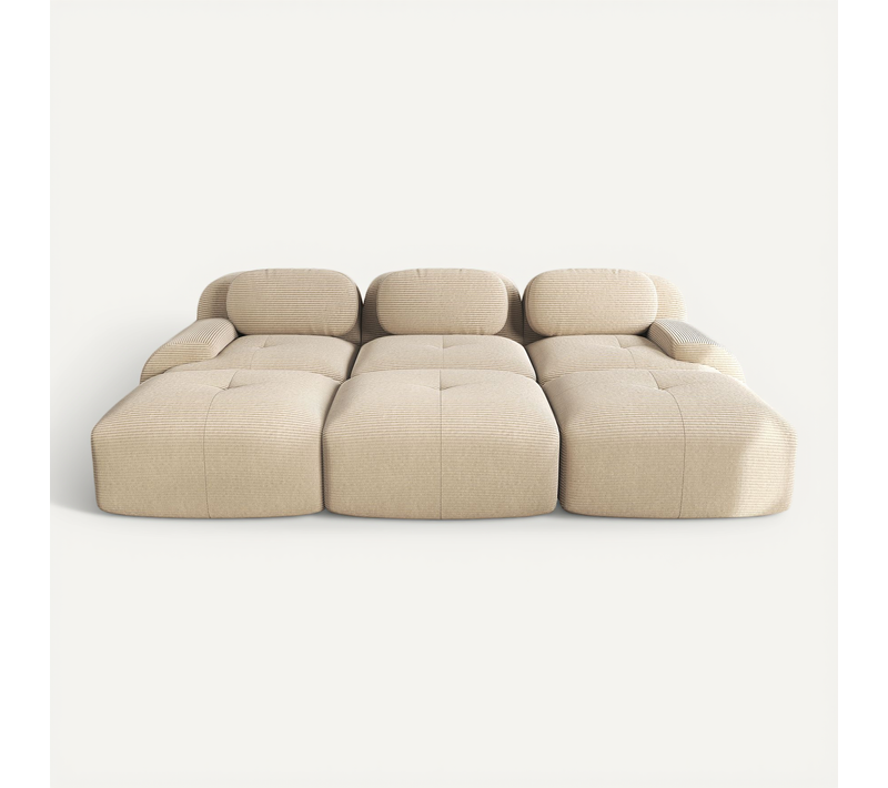 Canapé Modulaire 3 Places En Tissu Velours Côtelé Beige + 3 Repose-pieds Amovibles
