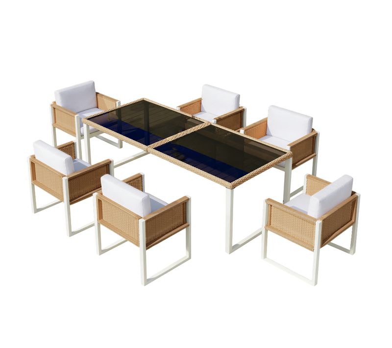 Salon De Jardin 7 Pièces 1 Table En Verre 6 Chaises En Rotin Tissu Amovible Ensemblesalon Blanc