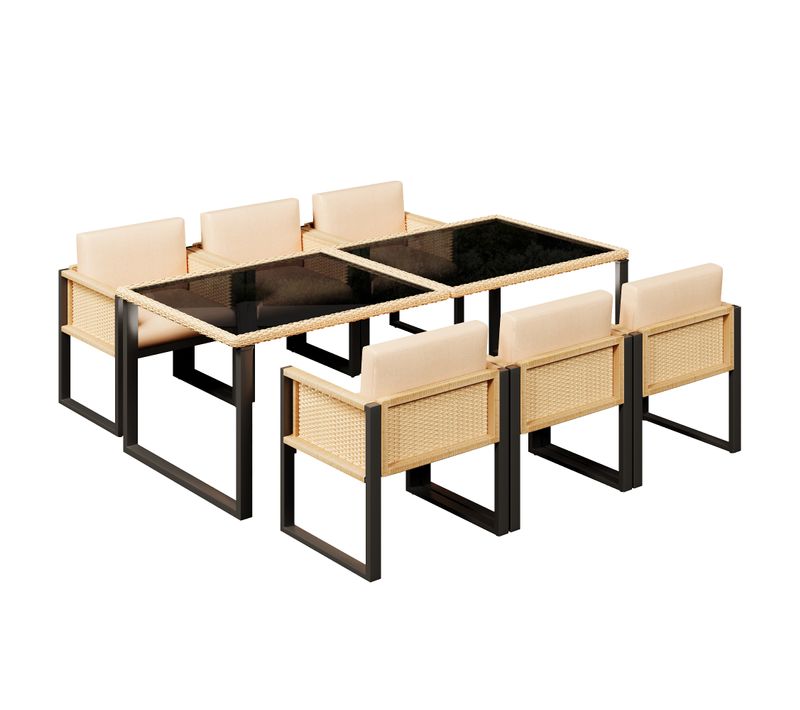 Salon De Jardin 7 Pièces 1 Table En Verre 6 Chaises En Rotin Tissu Amovible Ensemble Salon Marron