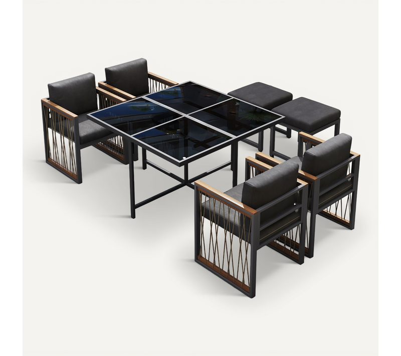 Ensemble Salon De Jardin 7 Pièces 1 Table Verre 6 Chaises En Bois 6 Places Tissu Amovible Noir